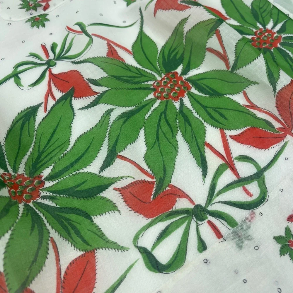 Vintage Christmas Half Apron Poinsettia Green Bow Print Two Pockets White Red